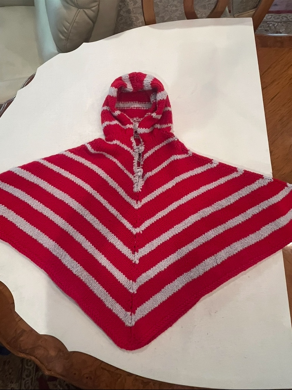 Vintage handmade Red and white Striped Hooded Poncho Sweater. So cute!